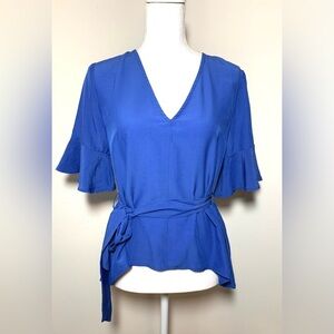 La’ Ven Belted Flutter Sleeve V Neck Top Blouse Blue Women Small